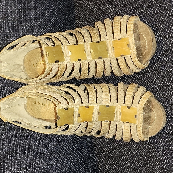 Apostrophe Sand Strappy & Braided Heels with Green Stones - Picture 2 of 10